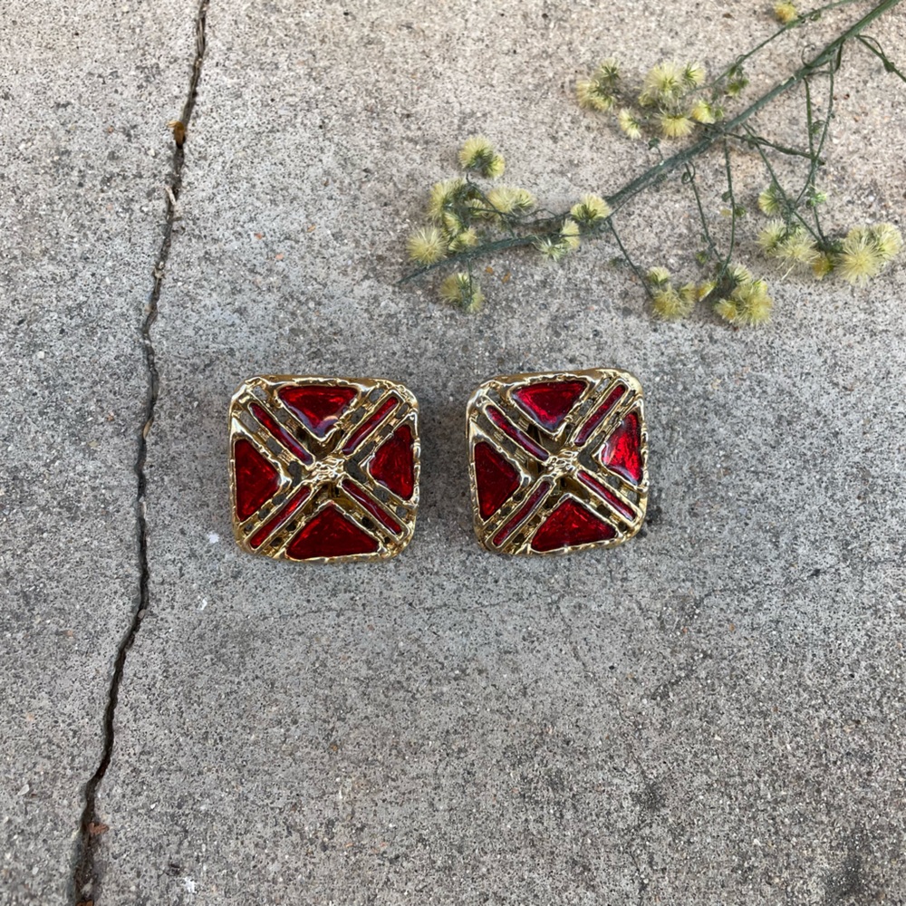 Vintage, Red Glaze and Gold Metal Square Clip On